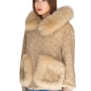 Womens Daniella Erin NYC Fox And Shearling Hooded Coat, Size Small